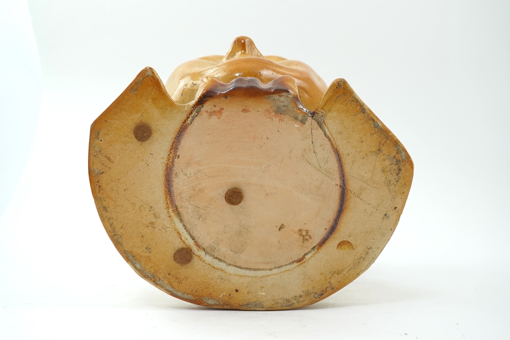 A large 19th century Johnny Souter, salt glazed stoneware spirit flask impressed T A Moss wine and spirit Merchant Bell Mount street Grosvenor square, 28cm high